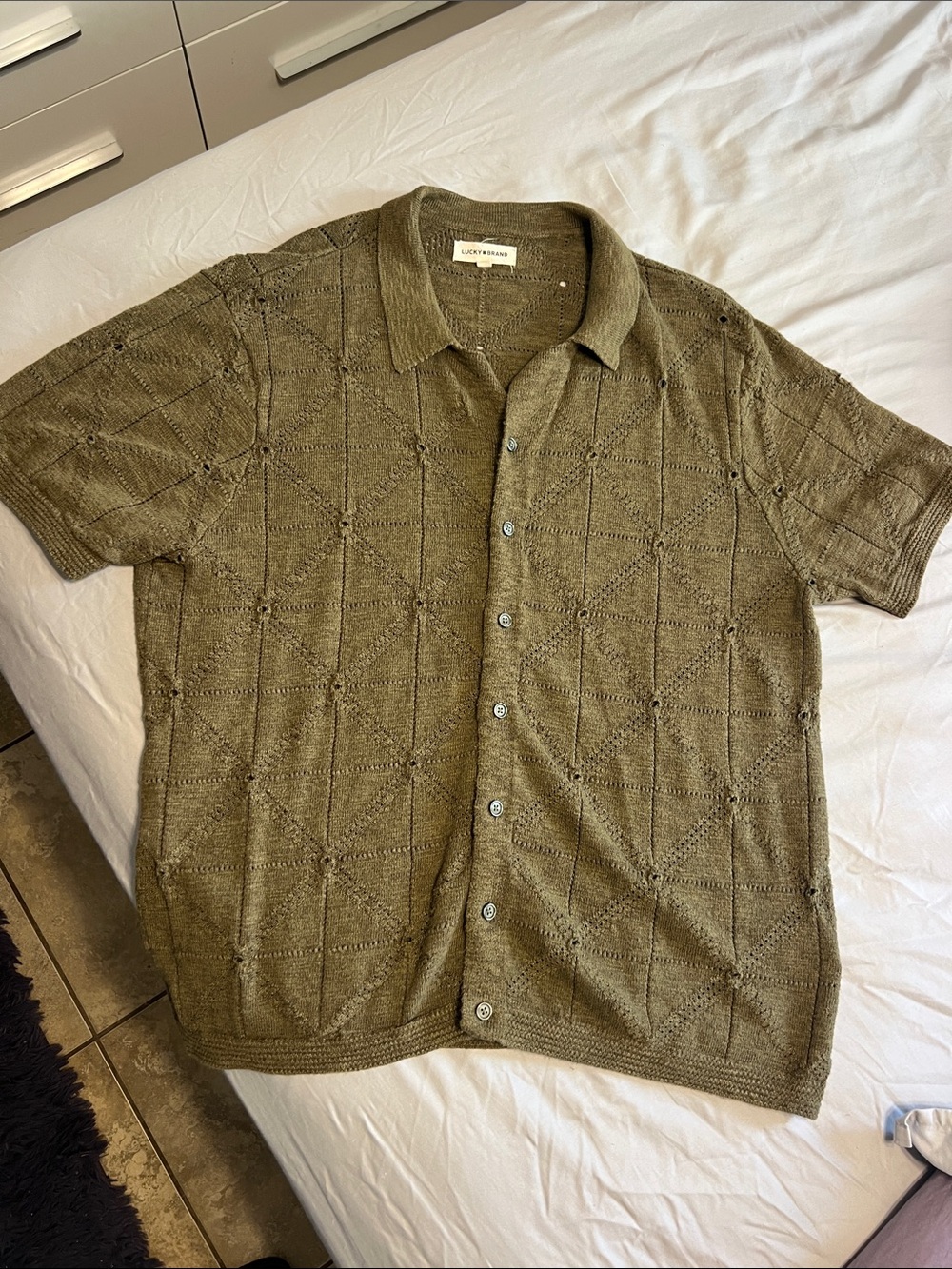 Men’s Lucky Brand Olive Green Short-Sleeve Knit Button-Down Shirt XL